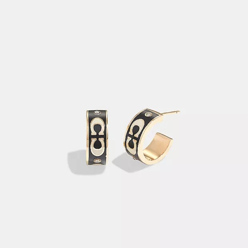 NWT Coach Signature Enamel Huggie Earrings MSRP $88 Gold Black